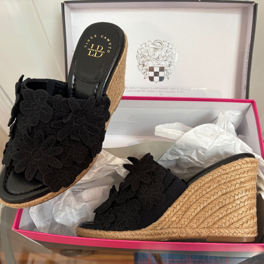 Vince Camuto Black Floral Wedges